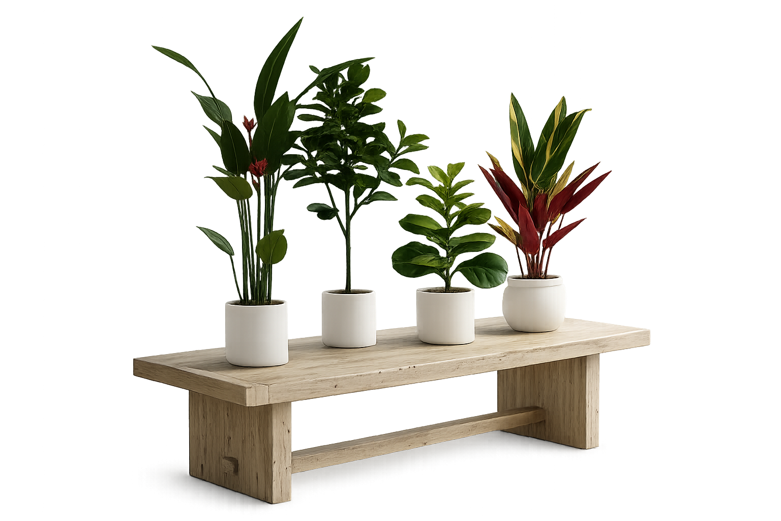 Potted artificial plants on a wooden bench